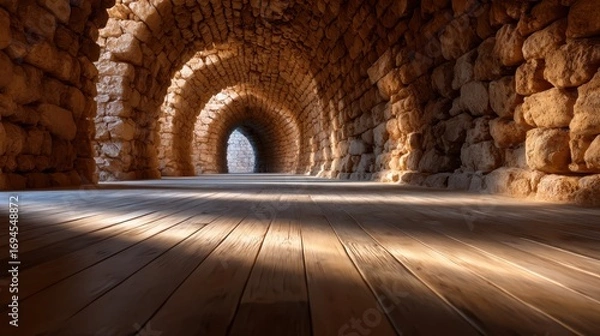 Fototapeta A captivating view of stone arches illuminated by soft light, creating a sense of mystery and intrigue, inviting exploration in this artistic representation of historical architecture.
