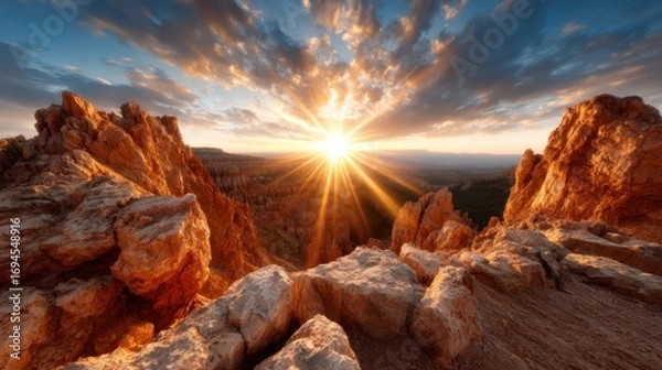 Fototapeta The breathtaking view of a mountain ridge at sunset, where the sky is painted in hues of orange and purple, creating a stunning visual representation of nature's beauty.