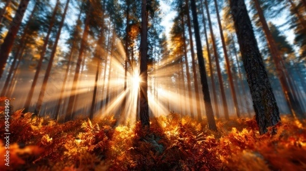 Fototapeta A captivating forest scene where sunlight beams filter through tall trees, illuminating vibrant ferns on the ground and creating an enchanting and magical outdoor atmosphere.