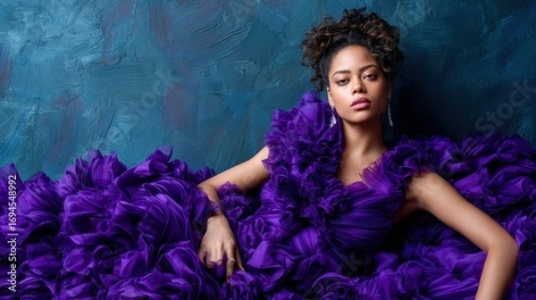 Fototapeta This striking fashion portrait showcases a model elegantly posed in a luxurious purple gown, exuding confidence and style against a richly textured backdrop, emphasizing artistry in fashion.
