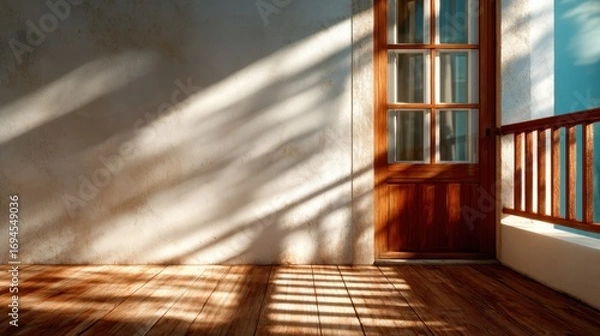 Fototapeta This image captures a serene doorway enveloped in soft light and shadows, inviting viewers to envision a tranquil space filled with warmth and peace of mind.