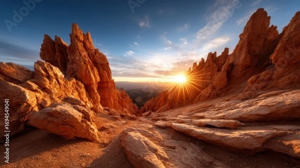 Fototapeta This breathtaking image portrays an intricate rocky landscape illuminated by the warm tones of a setting sun, embodying the serene beauty of nature at twilight and its stunning vistas.