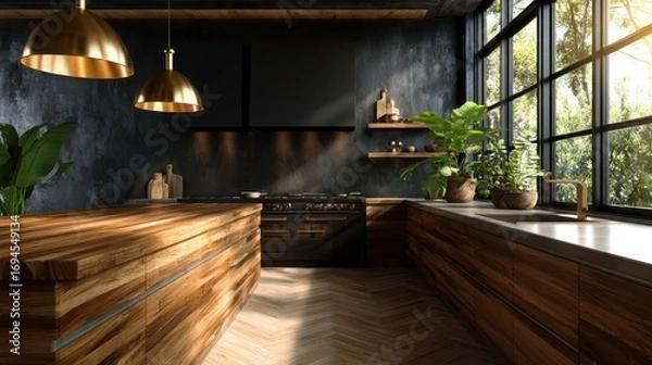 Fototapeta An inviting image of a stylish modern kitchen featuring warm wooden accents and large windows, creating a cozy atmosphere perfect for culinary adventures and family gatherings.