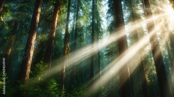 Fototapeta This breathtaking image showcases sunlight filtering through towering trees in a verdant forest, highlighting the serene beauty of nature and the calmness of the wilderness.