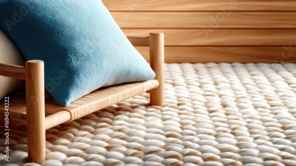 Fototapeta A cozy indoor space featuring a comfy chair and a woven textile rug, creating an inviting atmosphere perfect for relaxation and reflection, showcasing comfort and modern design.