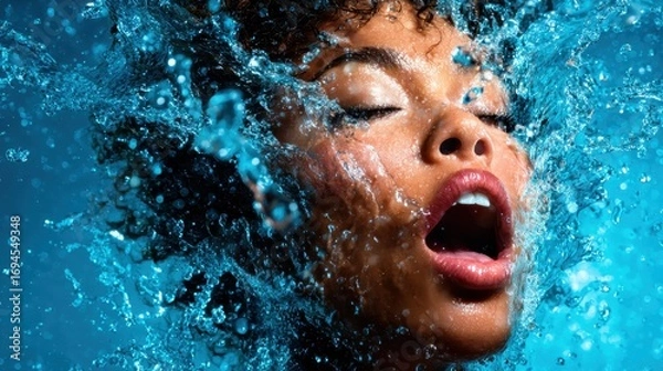 Fototapeta This striking image captures a woman's face surrounded by splashing water, conveying a sense of joy and freedom, highlighting emotional expression and beauty in motion.
