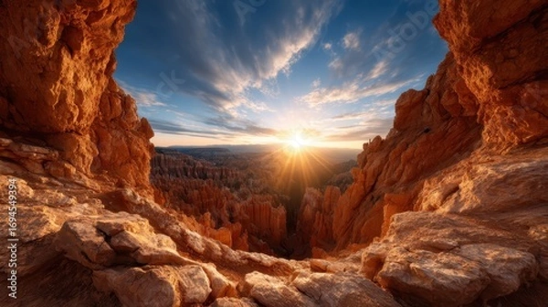 Fototapeta A dramatic canyon vista at sunset, where golden rays of sun burst over the rugged cliff edges, showcasing the rich textures and colors of the natural landscape around.