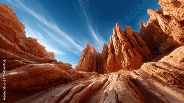 Fototapeta An awe-inspiring view of rugged rock formations against a brilliant blue sky, exemplifying the raw beauty of nature and the dramatic landscapes found in remote areas.
