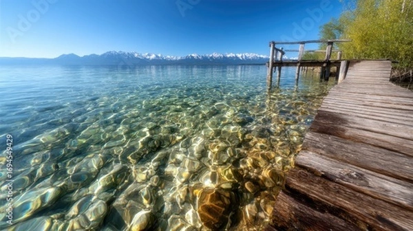 Fototapeta A breathtaking image of crystal-clear lake waters revealing colorful stones beneath, complemented by a rustic wooden pier extending towards majestic mountain peaks in the distance.