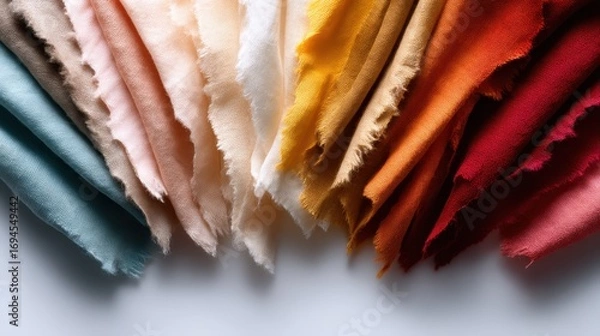 Fototapeta An artistic arrangement of textured fabrics in various vibrant hues, showcasing a rich color palette that exudes warmth and creativity, ideal for design inspiration.