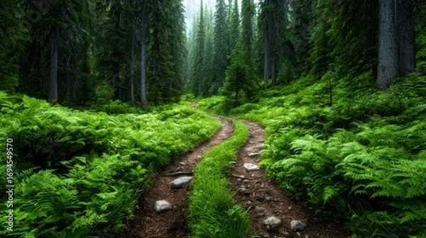 Fototapeta A serene dirt path meanders through a vibrant green forest, inviting exploration and adventure, showcasing the beauty of nature's untouched landscapes and fresh air ambiance.