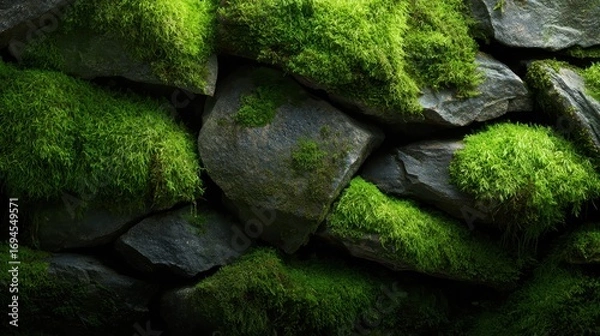 Fototapeta An enchanting view of rocks covered in vibrant green moss illustrates the essence of nature's resilience, evoking feelings of tranquility and harmony within a forest environment.