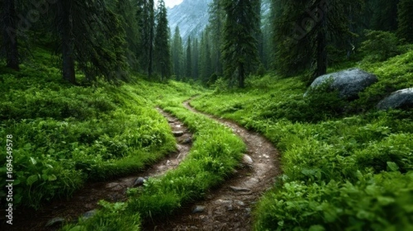 Fototapeta A charming winding path leads through a verdant forest, inviting wanderers to immerse themselves in the lush beauty and tranquility of nature's embrace.