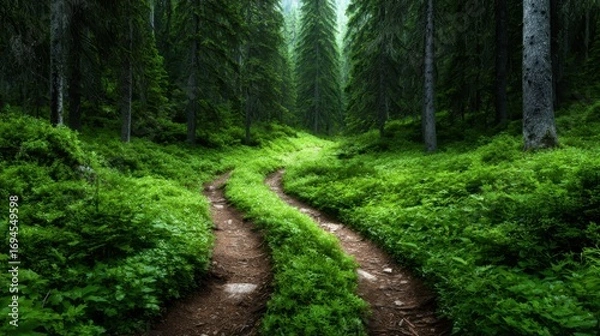 Fototapeta This image captures a winding trail through a dense forest filled with lush ferns, creating a peaceful and inviting atmosphere that encourages viewers to reconnect with nature's beauty.