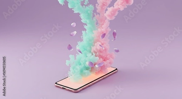Fototapeta Smartphone with pastel smoke explosion and falling petals, artistic transformation concept of creativity and emotional release