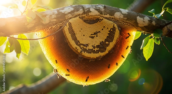 Fototapeta Golden hour sunlight shines on a large, wild honeycomb hanging from a lush green tree branch
