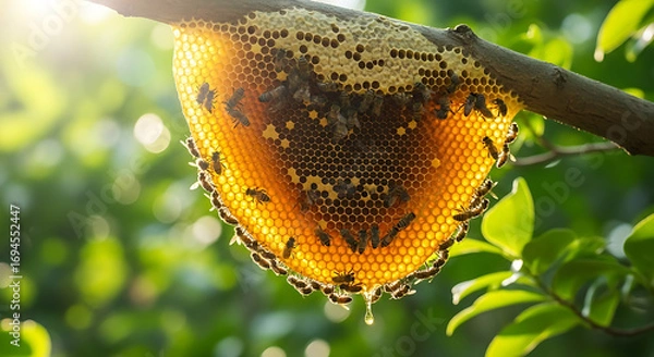 Fototapeta Honey Bee Haven A Natural Nectar Feast on a Branch in the Sunlight