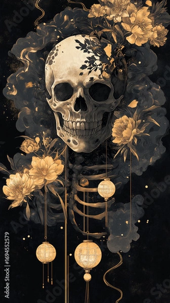 Fototapeta Gothic Japanese-style artwork of a human skull surrounded by golden flowers and lanterns, with smoky, dark background. Elegant composition with strong themes of death and spiritual beauty.