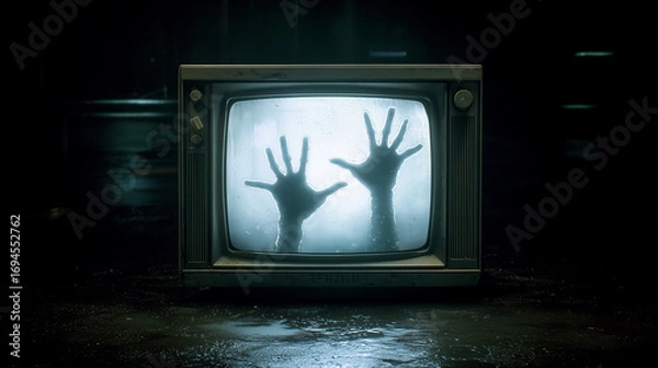 Fototapeta Creepy digital illustration of a vintage television in a dark room, with glowing screen showing eerie shadow hands pressing from inside, evoking horror and suspense themes.