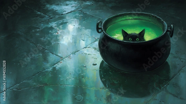 Fototapeta Whimsical digital painting of a black cat peeking out of a glowing green witch’s cauldron, set on a reflective wet floor.