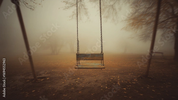 Fototapeta Moody autumn scene of a rusty swing suspended in a foggy park, surrounded by fallen leaves and soft golden light.