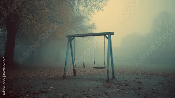 Fototapeta Moody digital artwork of an abandoned blue swing set in a foggy autumn park, with fallen leaves and a melancholic atmosphere.
