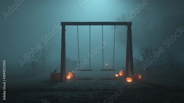 Fototapeta Spooky Halloween scene with a wooden swing set in a foggy graveyard, surrounded by glowing carved pumpkins at night.
