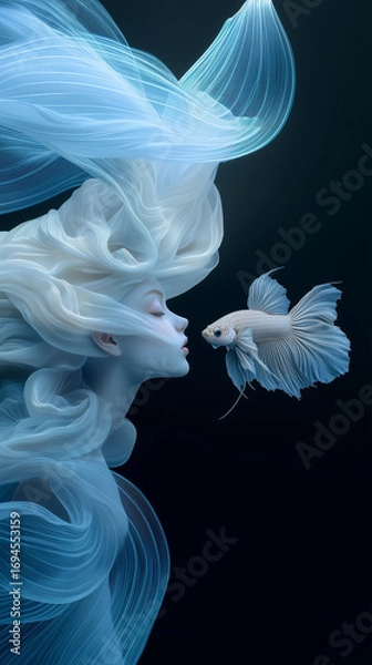 Fototapeta Surreal digital artwork of a graceful female figure with flowing hair interacting with a white betta fish, evoking elegance and tranquility.