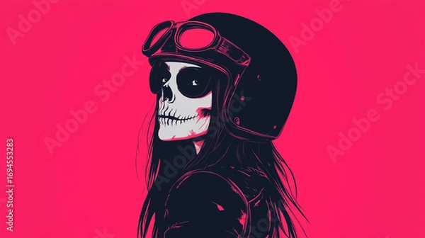 Fototapeta Pop-art inspired digital illustration of a woman with a skull face wearing a helmet and goggles, on a vibrant magenta background.