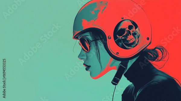 Fototapeta Stylized digital illustration of a woman wearing a helmet with a skull reflection, featuring bold colors and a pop art aesthetic.