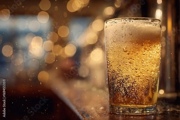 Fototapeta Close-up of a glass of beer with bubbles on a wooden bar counter with blurred warm lights in the background.