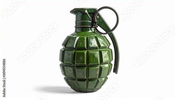 Fototapeta Green pineapple-style hand grenade with textured segmented surface, safety lever, and pull ring, isolated on a white background.