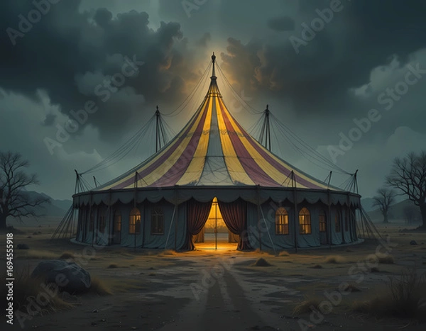 Fototapeta Mysterious spooky circus tent at night under dark cloudy sky. ominous entertainment big top show glowing with strange creepy light