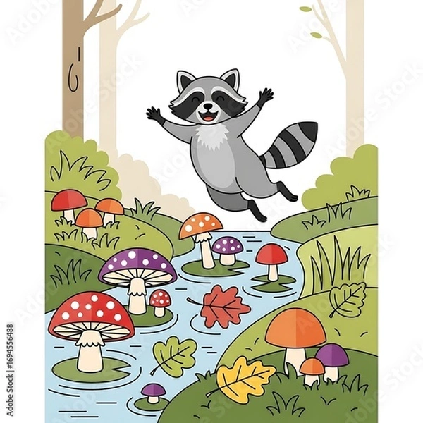 Obraz Jumping Raccoon Autumn Stream.