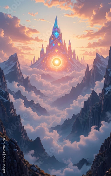 Fototapeta Majestic fantasy castle glowing on mountain peak at sunrise. This epic fairytale landscape evokes sense of awe and wonder above clouds