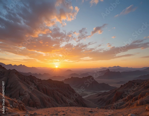 Fototapeta Beautiful, tranquil sunrise over mountain landscape. orange sun rises in sky with scenic clouds, creating majestic and peaceful view