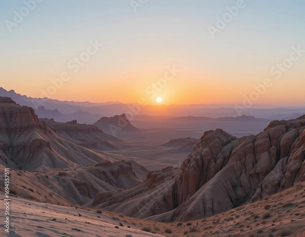 Fototapeta Serene desert mountain landscape at sunrise. peaceful sun rising over vast canyon and valley, creating beautiful and scenic nature view