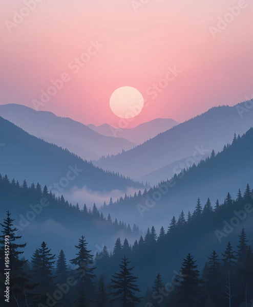 Fototapeta Serene mountain landscape illustration at sunset or sunrise. calm sun sets over misty, foggy valley and forest creating beautiful view