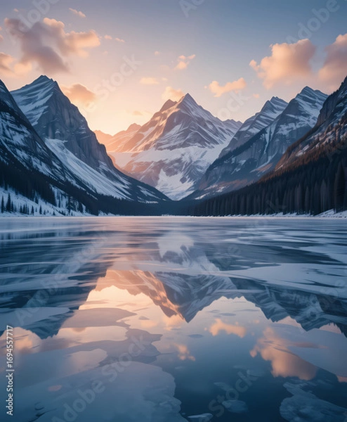 Fototapeta Serene landscape of snowy mountain peak with beautiful reflection in frozen lake at sunset. peaceful and majestic view of nature