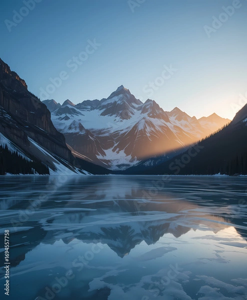 Fototapeta Serene and beautiful winter landscape of snow capped mountain range reflecting in frozen lake at sunrise, majestic alpine scene