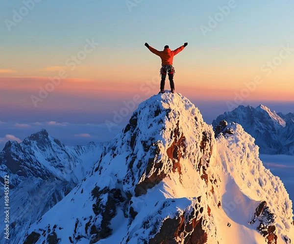 Fototapeta Triumphant hiker standing on snowy mountain peak at sunrise. Man celebrating success and freedom with arms raised above clouds in nature