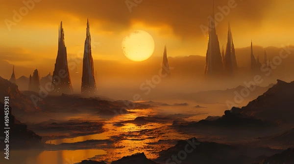 Fototapeta Mysterious fantasy landscape on an alien planet at sunset. glowing sun shines through orange mist over tall rock spires and river
