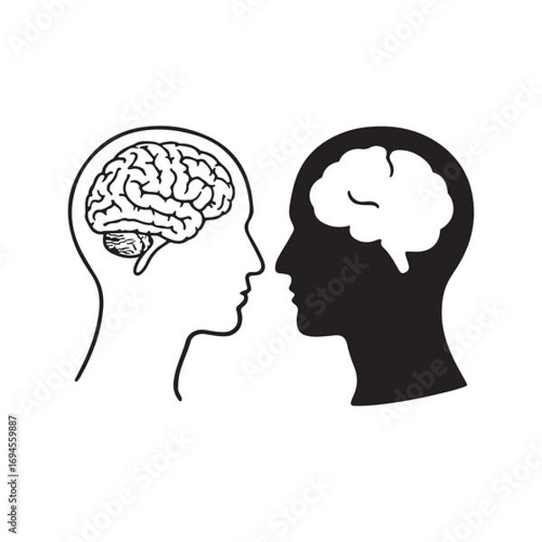Fototapeta Silhouette of a human brain with intricate details isolated on white background silhouette