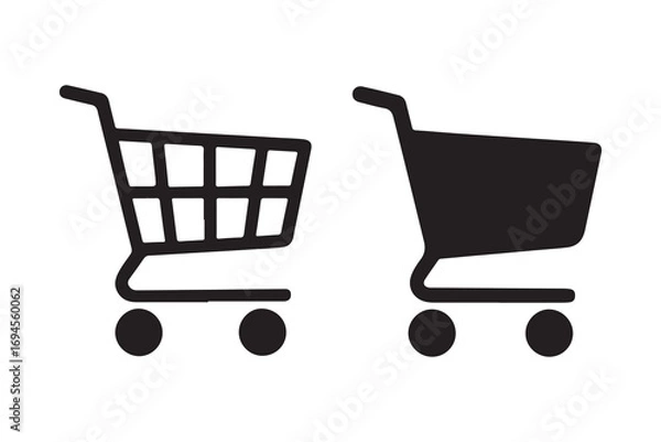 Fototapeta Shopping Carts: Black silhouette of shopping cart or trolley isolated on a bright background, a common icon representing retail, e-commerce, and the act of purchasing.