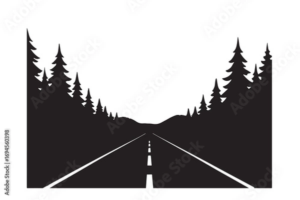 Fototapeta Open Road into Nature: A silhouette of a scenic route framed by lush evergreen trees leads the eye towards a captivating horizon, a symbol of endless possibilities and the allure of adventure.