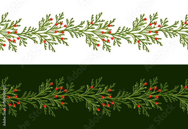 Fototapeta Christmas border with fir tree branches and berries. Seamless pattern with winter plants. Elegant vector holiday decor