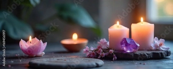 Obraz Serene, minimalist design featuring natural elements like crystals and candles, conveying a sense of calm and spiritual awakening ,  candles,  relaxation,  manifestation