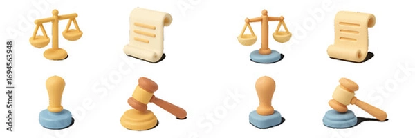 Fototapeta Set of legal and justice symbols featuring scales, scroll, gavel, and stamp for law and order concepts
