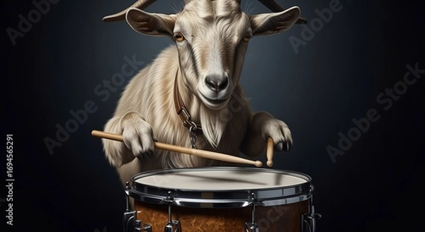 Fototapeta Goat drumming animal musician percussion rhythm music entertainment performance band instrument drums sticks furry mammal portrait studio shot dark background funny whimsical