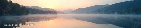 Obraz Serene lake at dawn, mist rising gently over calm water, reflecting the soft light  Perfect for tranquility, nature, and peaceful scenes ,  holiday,  sunrise